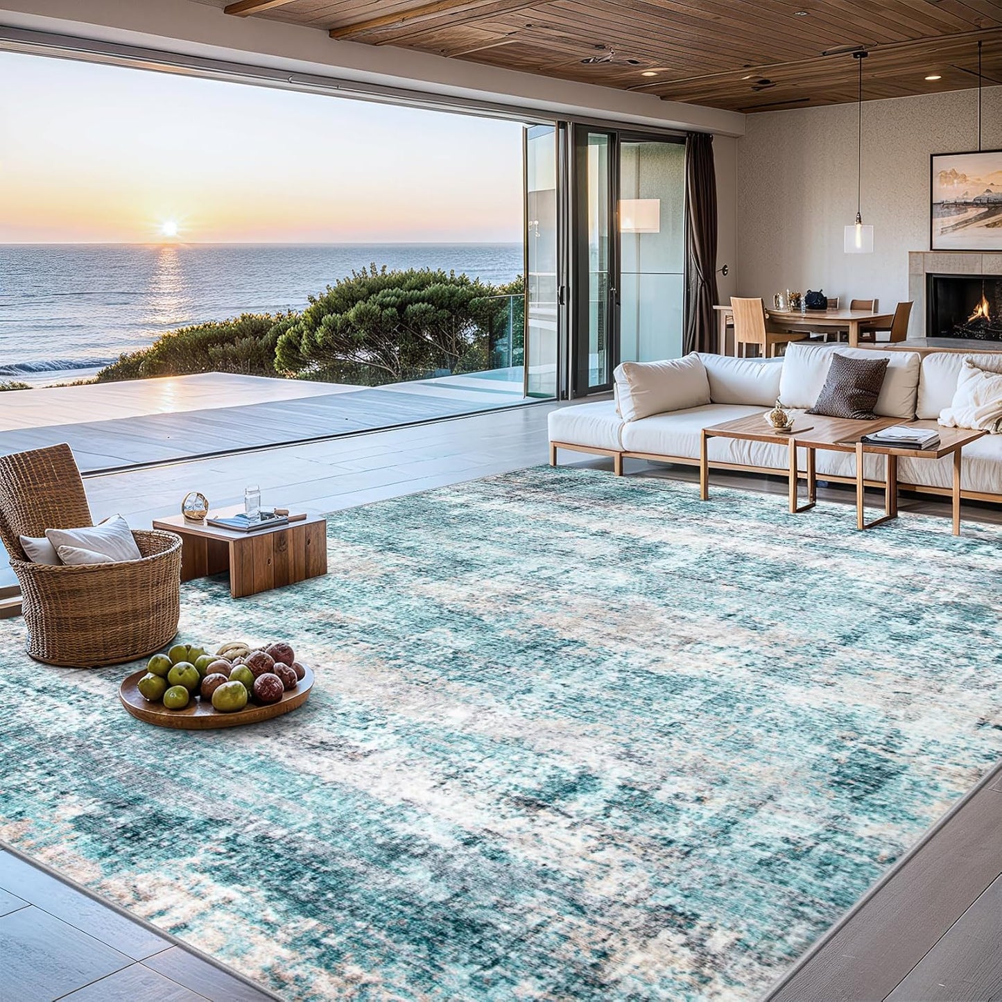 Area Rugs Living Room Rug - 5x7 Washable Modern Abstract Soft Neutral Non-Slip Carpet Large Indoor Floor Thin Carpets for Bedroom Dining Room Farmhouse Nursery Home Office Green