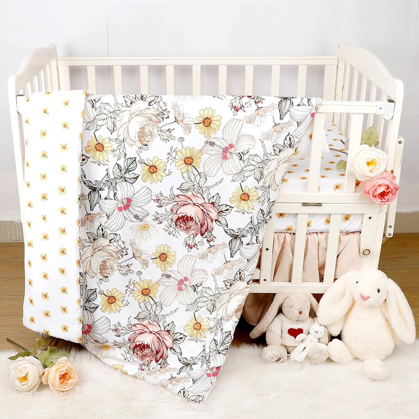 4-Piece Crib Bedding Set for Girls, Boho Baby Girl Bedding Set with Crib Skirt, Baby Quilt, Crib Sheet and Diaper Stacker, Flower