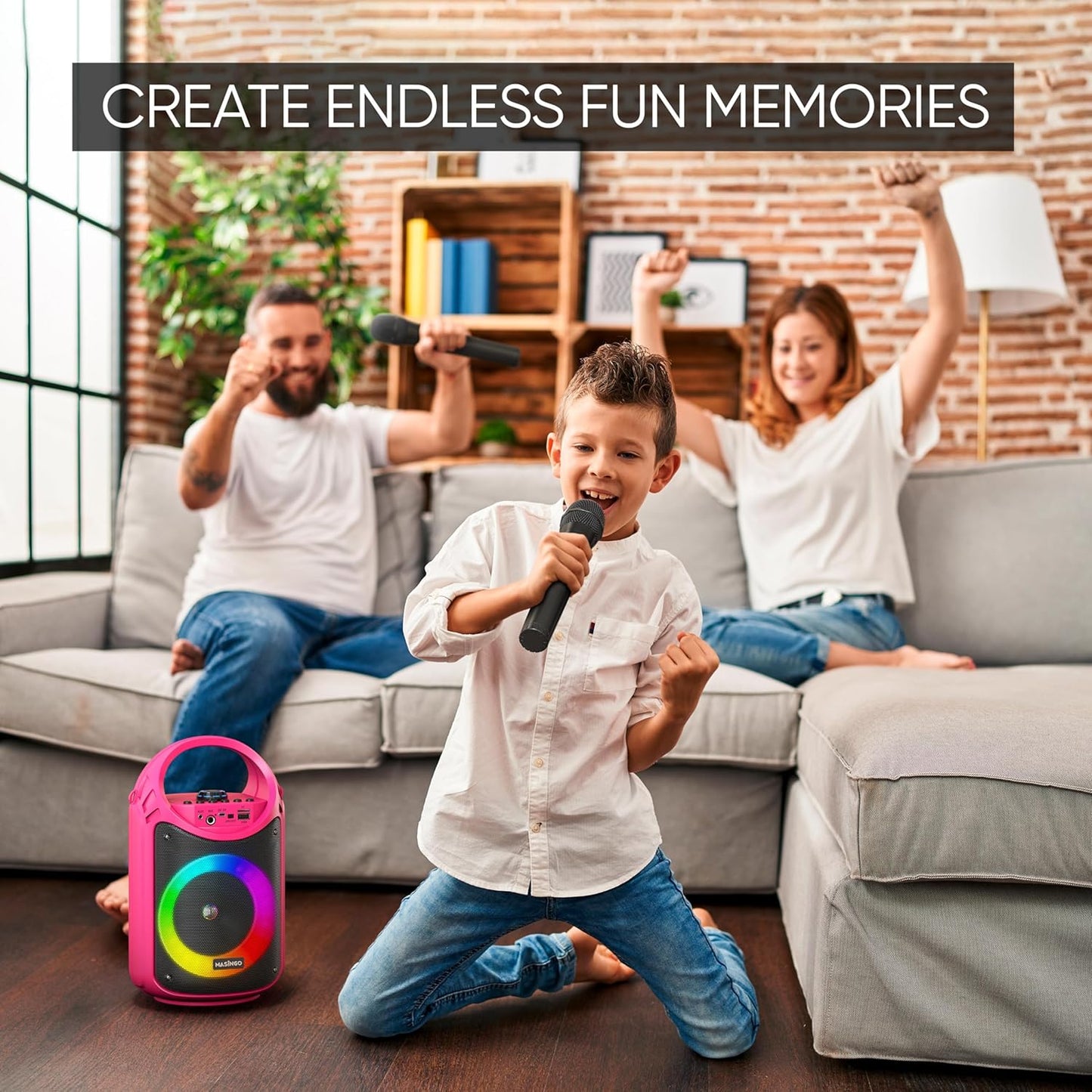 MASINGO Karaoke Machine for Kids and Adults with 2 Wireless Bluetooth Microphones, PA Portable Speaker with Colorful LED Lights, Supports TF Card/USB, AUX/MIC in, TWS for Home Party, Burletta C10 V2