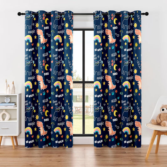 100% Blackout Curtains for Kids - Adorable Dinosaur & Unicorn Pattern, 2Panels, Each W52xL84, Thermal Insulated Noise-Reducing Drapes for Nursery, Bedroom, Playroom - Fun & Colorful Design