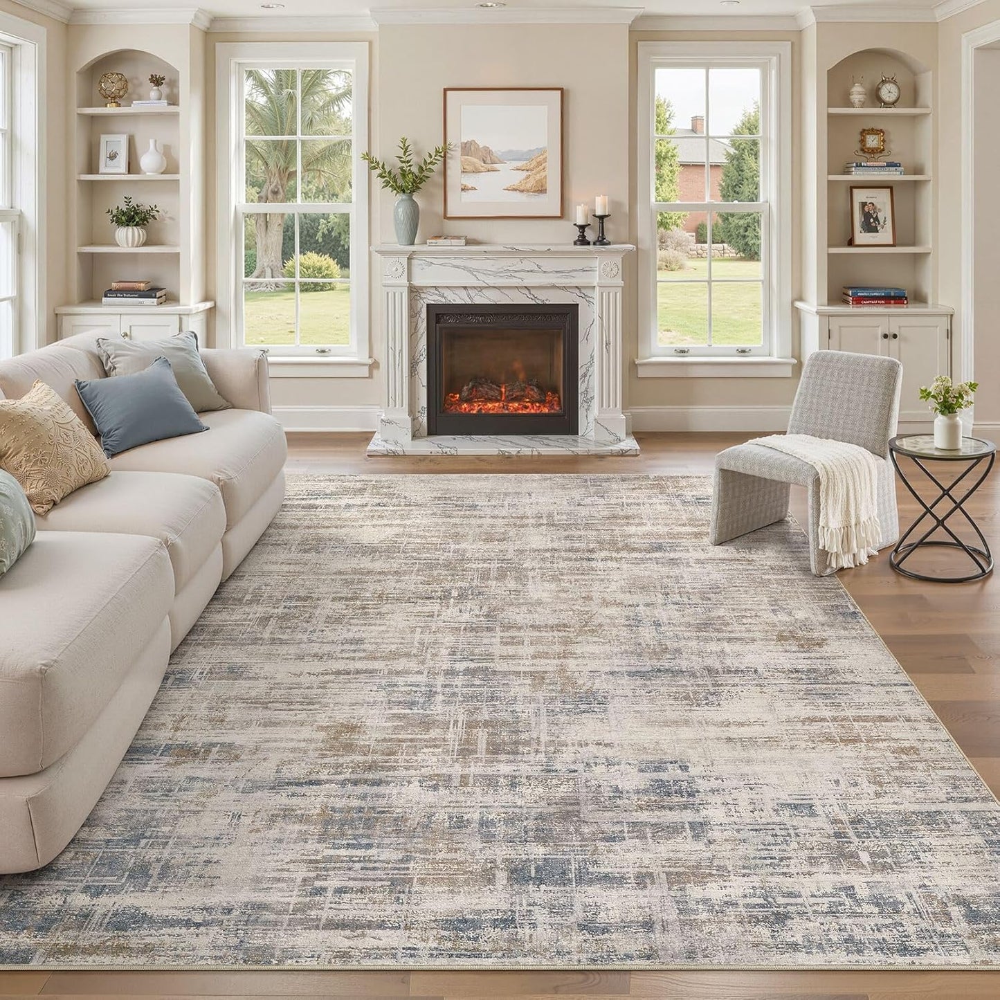 Area Rug for Living Room: 10x14 Washable Neutral Abstract Modern Soft Rugs Non Slip Indoor Floor Stain Resistant Large Carpet for Bedroom Dining Room Office Nursery - Brown