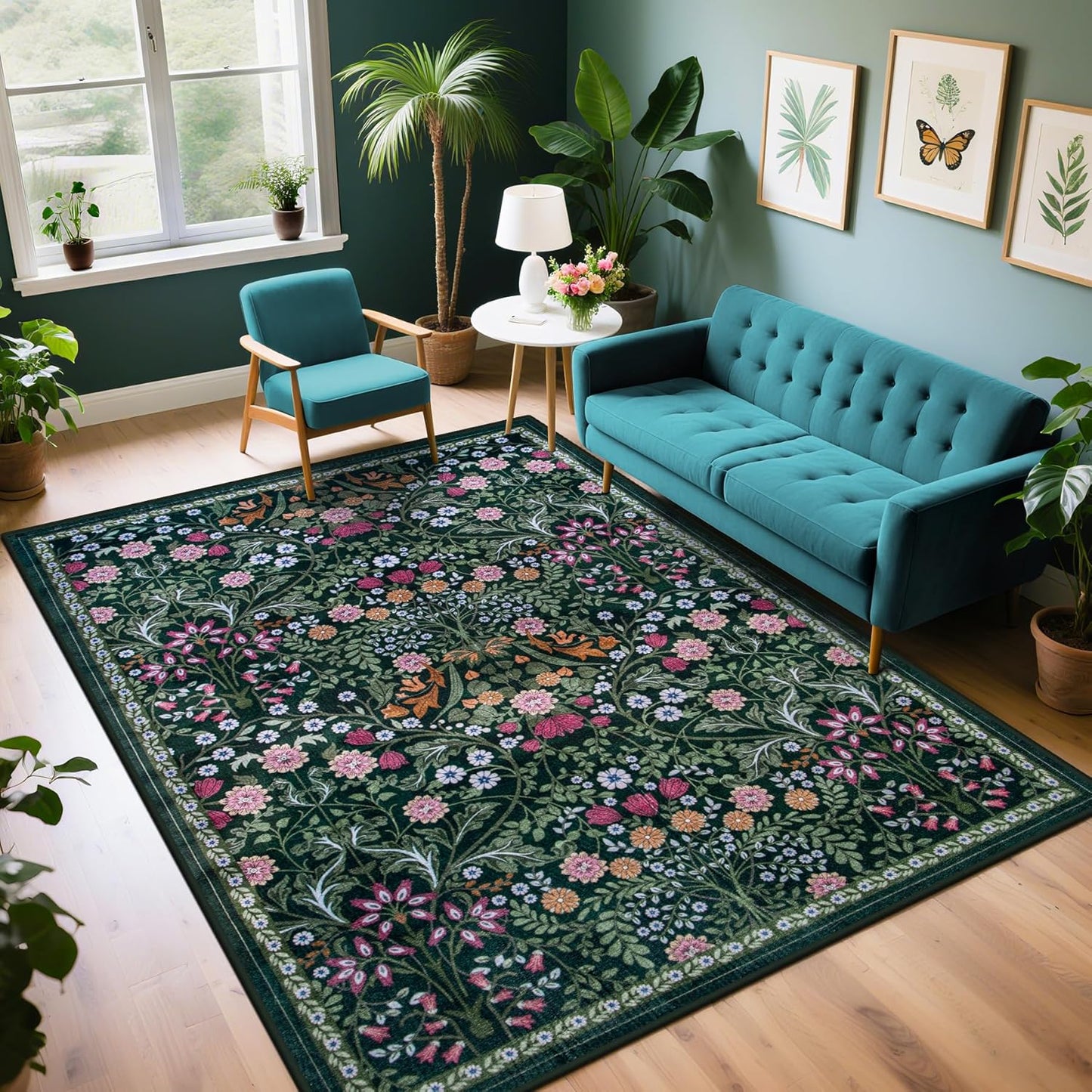 6x9 Area Rugs for Living Room: Floral Washable Rug Vintage Large Soft Boho Non-Slip Carpet Indoor Stain Resistant Thin Carpets for Bedroom Dining Room Farmhouse Nursery Hallway Home Office Dark Green