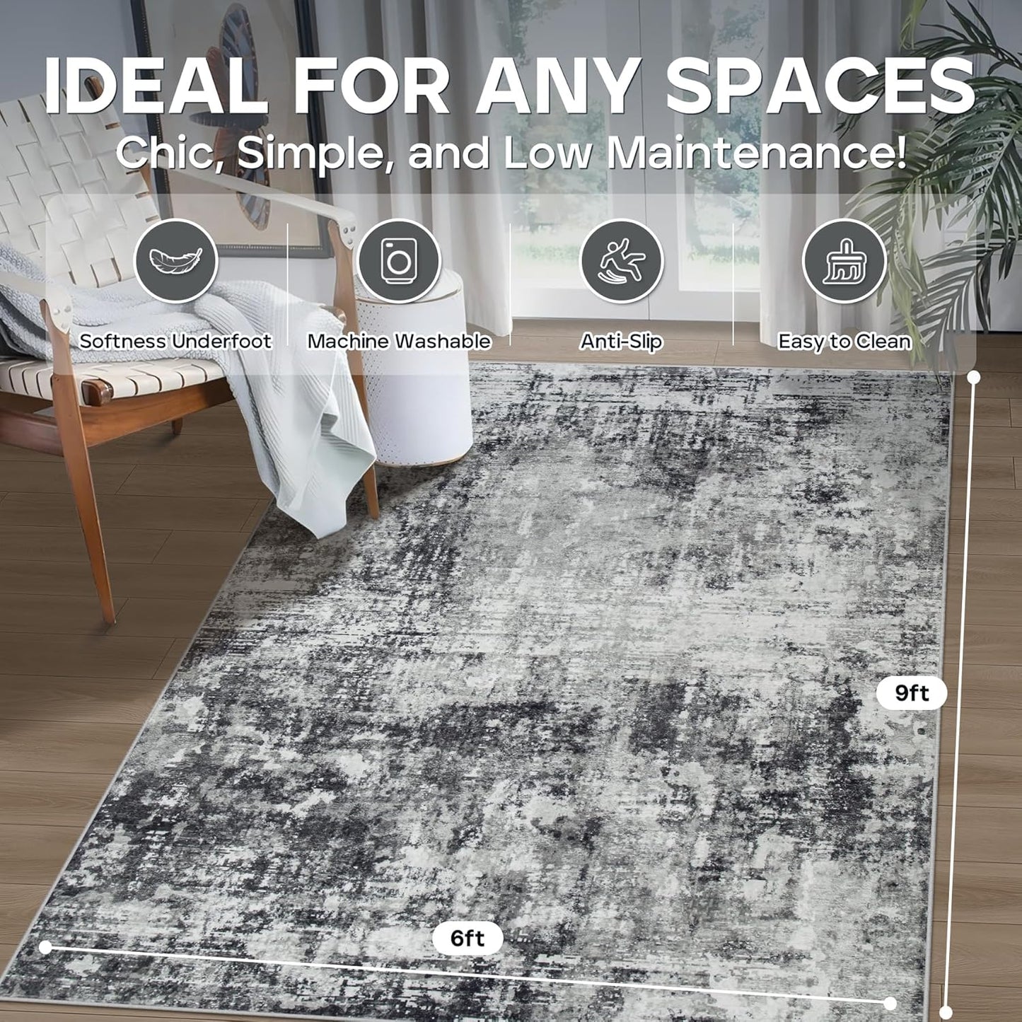 6x9 Area Rugs for Living Room Rug Washable: Modern Rug for Dining Room Bedroom Carpet Non Slip Low Pile 6 by 9 Indoor Abstract Nursery Home Office Black Grey