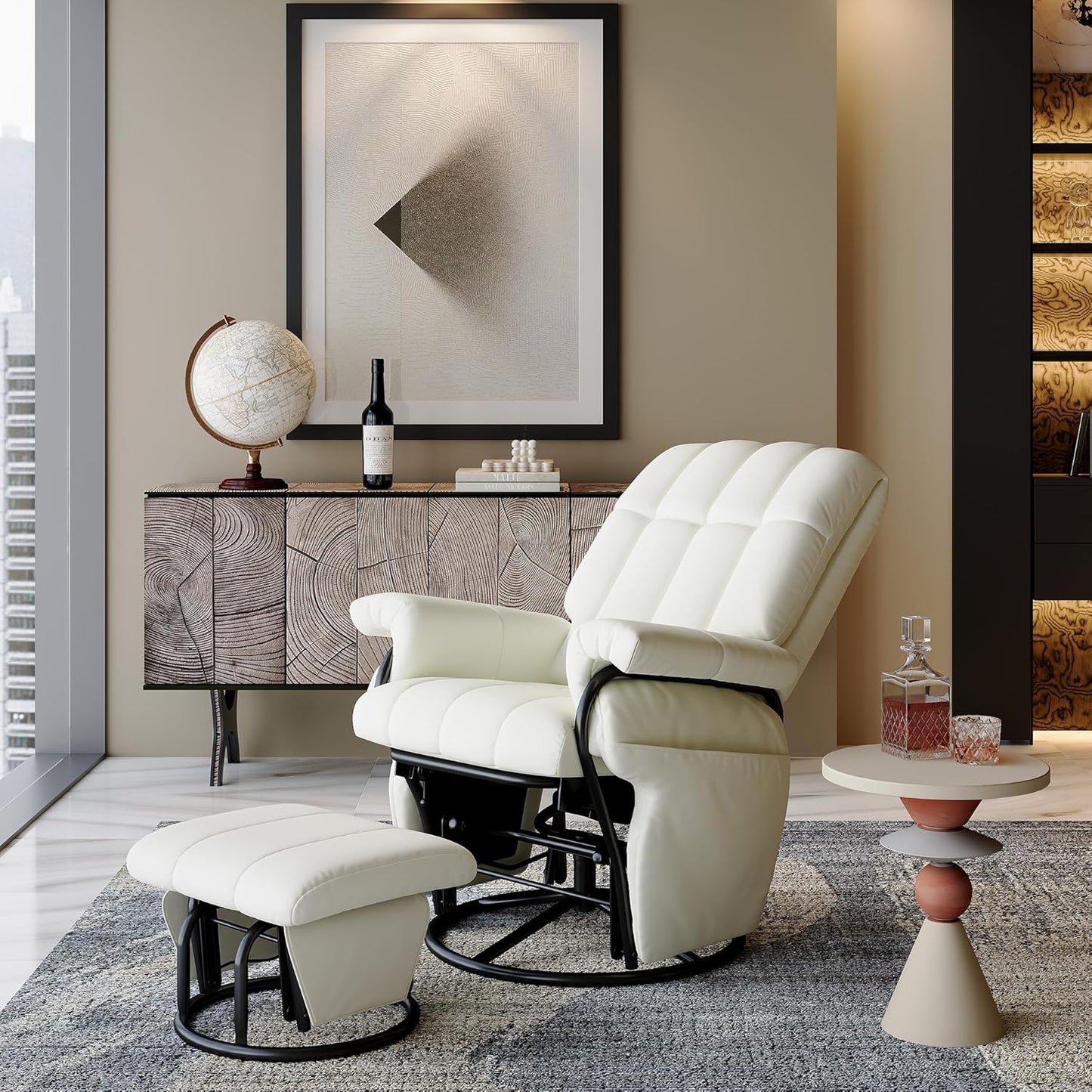 AODAILIHB Swivel Glider Recliner with Ottoman, 360 Rocking Chair with Foot Rest Recliner Chair Indoor Rocking Chair with Side Pockets Nursery Chairs for Living Room, Bedroom, Office (White)