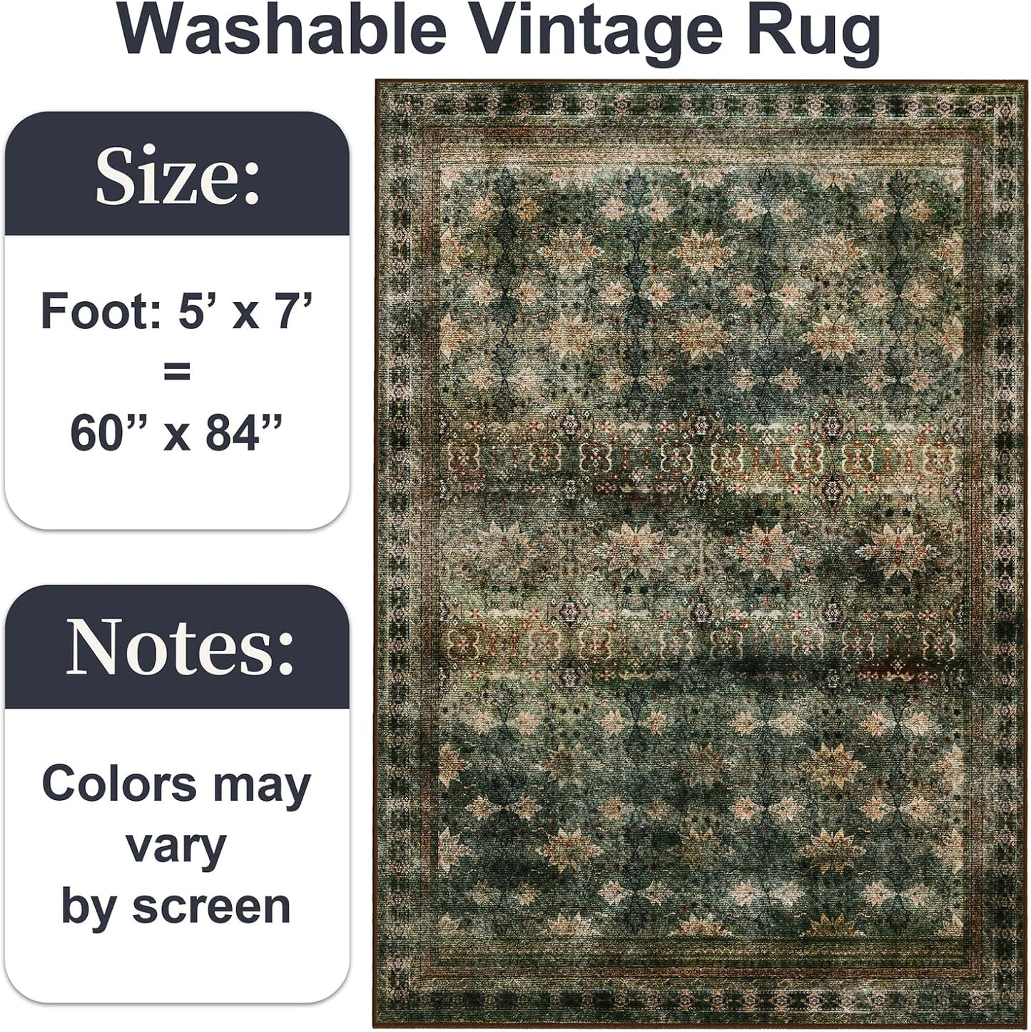 5x7 Washable Area Rug for Living Room Rustic, Non Slip Vintage Floral Bedroom Rugs Retro, Traditional Indoor Floor Carpet for Dining Room, Farmhouse, Office Classroom(Dark Green/Brown/Multi)