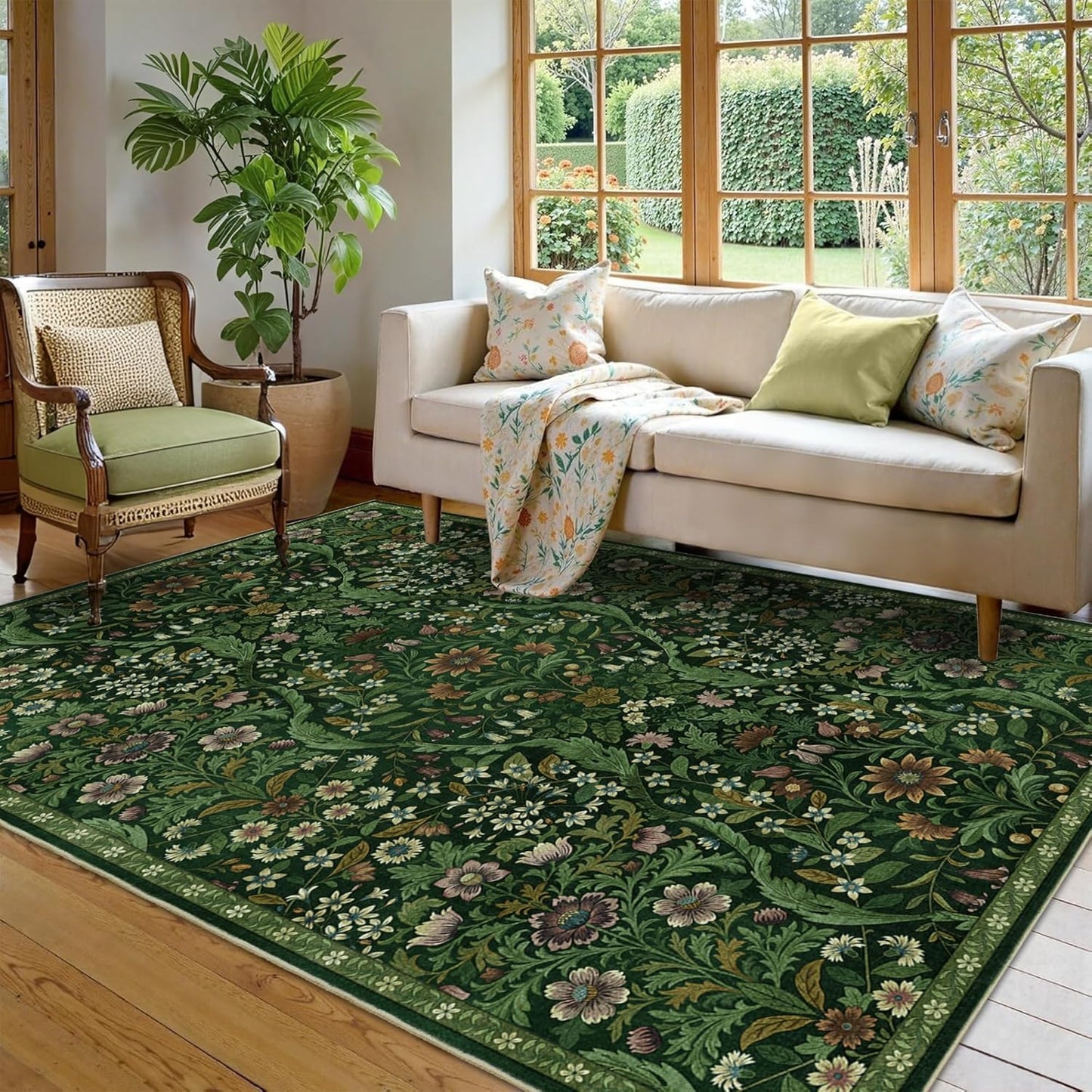 5×7 Dark Green Washable Floral Area Rug,Vintage Boho Soft Low-Pile Living Room Rugs, Stain Resistant Botanical Non-Slip Carpet for Bedroom,Dining Room, Kids Nursery,Home Decor
