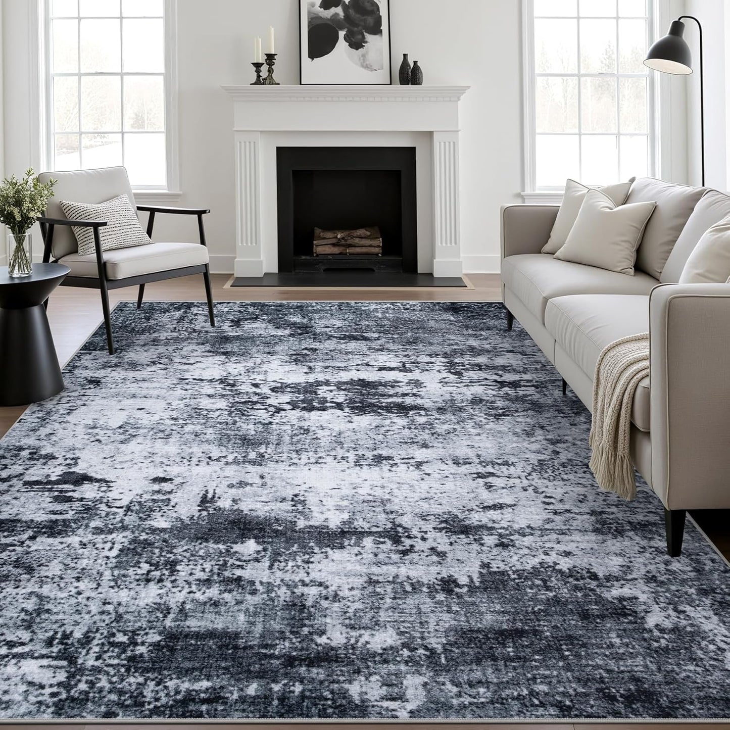 8x10 Area Rug Living Room Rug: Washable Modern Abstract Soft Thin Rug Indoor Floor No Slip Stain Resistant Carpet for Bedroom Dining Room Farmhouse Nursery Home Office - Black