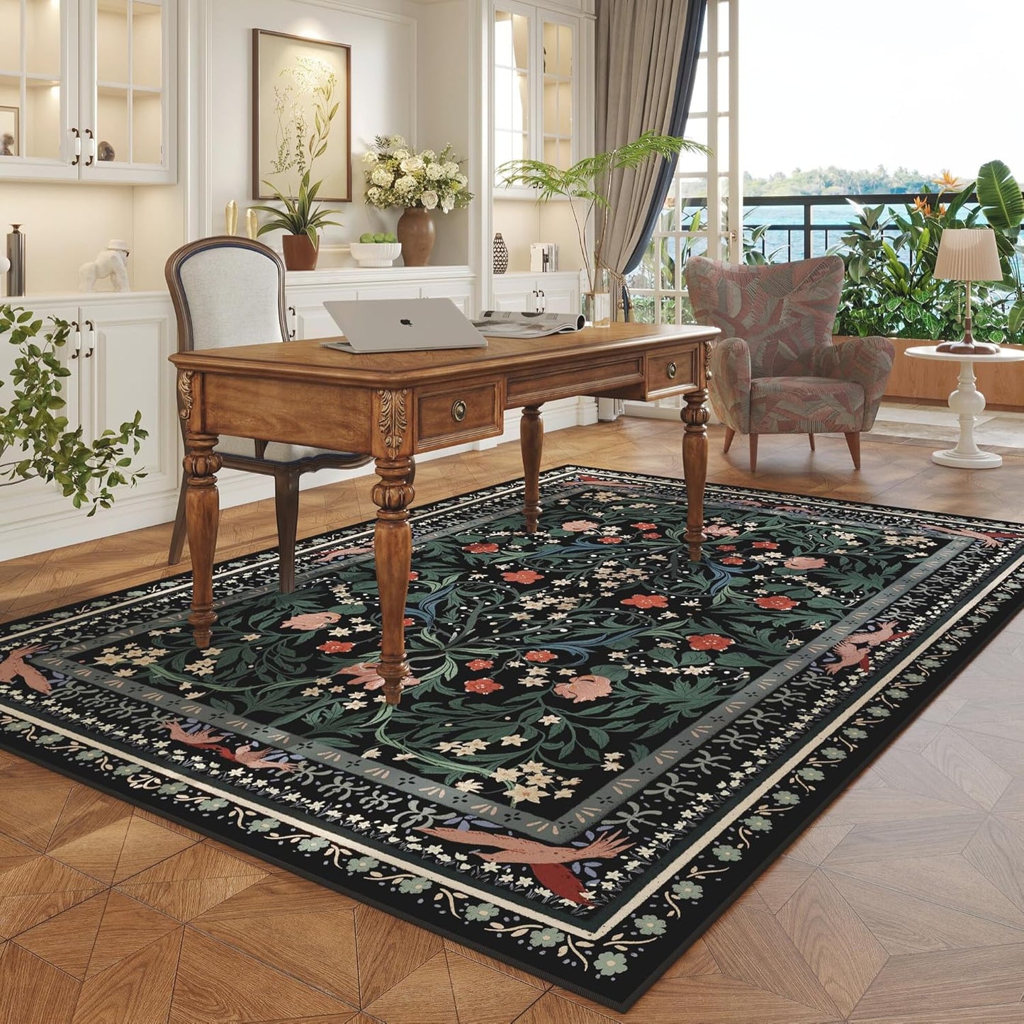 5x7 Washable Rug Vintage Floral Botanical Area Rug Non Slip Low Pile Large Rugs for Living Room, Bedroom, Farmhouse, Dining Room, Kids Playroom, Black