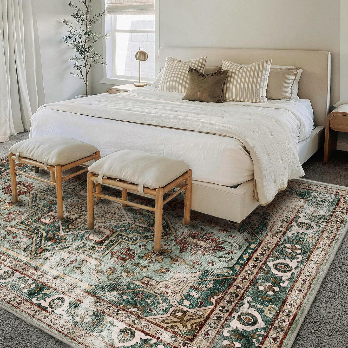 6'x9' Green Washable Area Rug Boho Chic Medallion Distressed Design Non-Shedding Easy Care Ideal for High Traffic Areas in Living Room Bedroom Office Kitchen Coffee Table Large Carpet