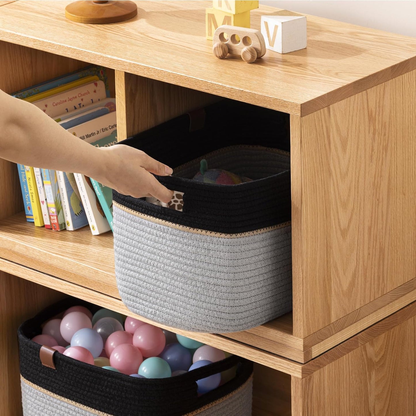 UBBCARE 2 Pack Baskets for Organizing, Woven Storage Baskets with Label for Toys and Towel, Rectangle Cotton Rope Basket with Handles, 15''L x10''W x9''H, Black&Grey