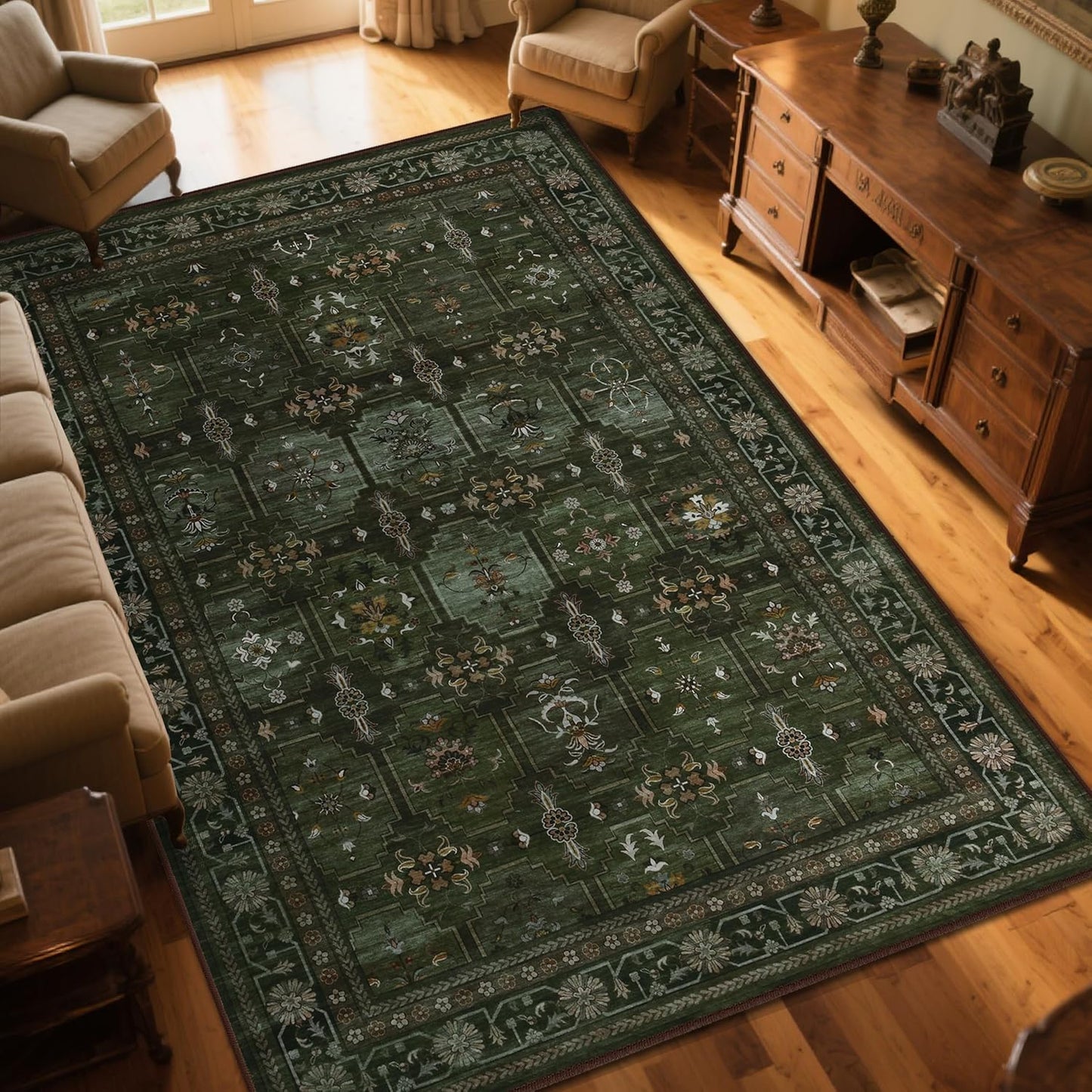 8x10 Washable Area Rug for Living Room, Non Slip Vintage Floral Print Rugs No Shedding, Distressed Thin Retro Accent Carpet for Bedroom Nursery Farmhouse Dining Room Dark Green