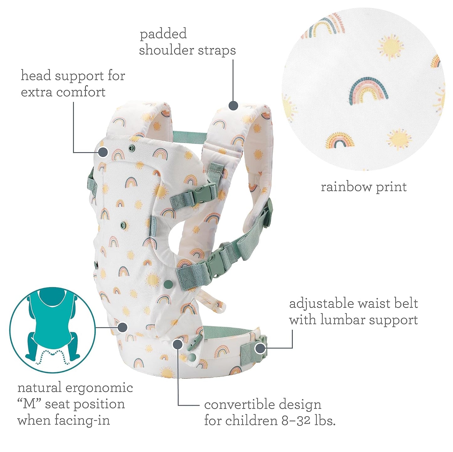 Infantino Flip 4-in-1 Convertible Baby Carrier, Adjustable, Ergonomic Babywearing, Registry Essential, Baby Carrier for Newborn to Toddler, Rainbow