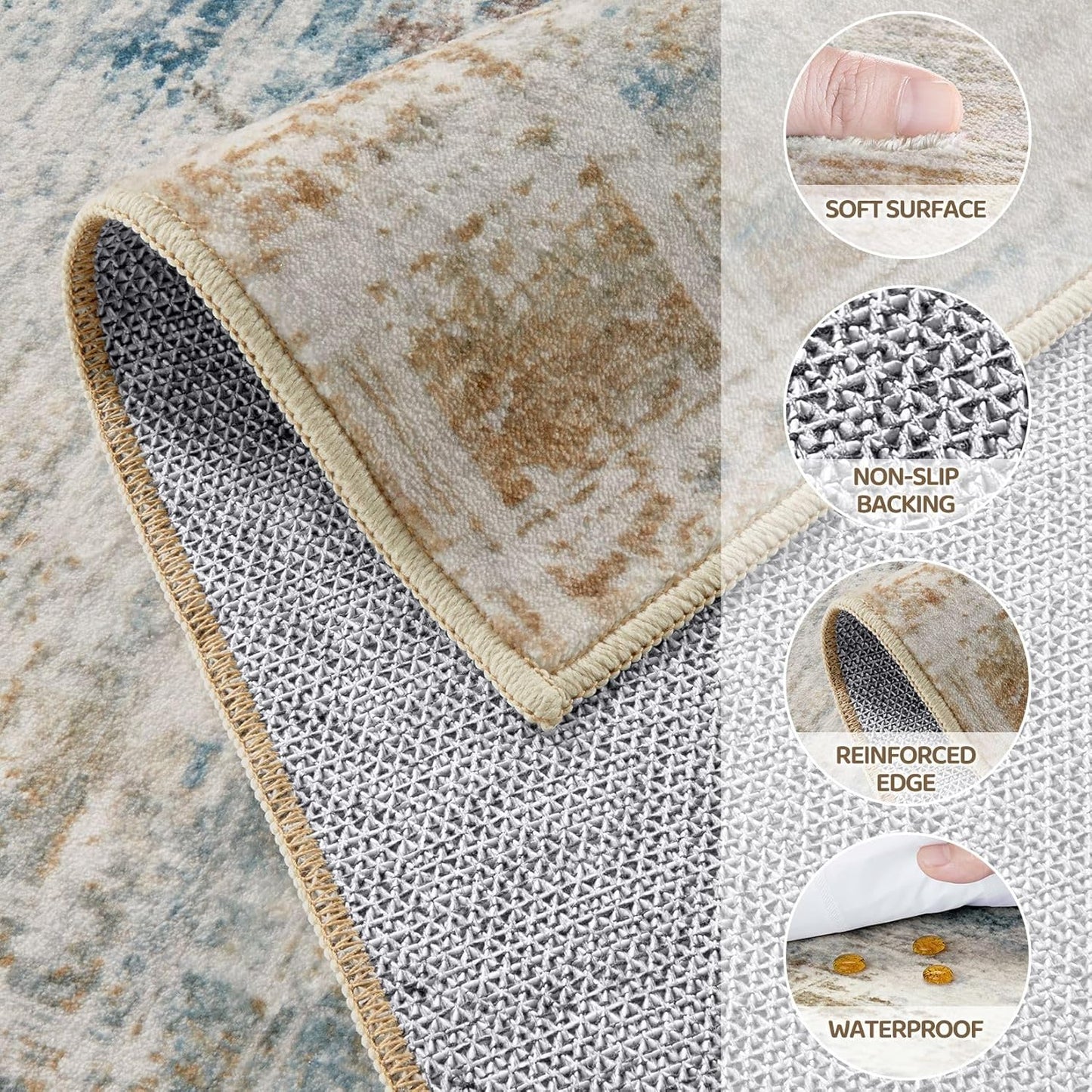 Area Rug for Living Room: 9x12 Washable Neutral Abstract Modern Soft Rugs Non Slip Indoor Floor Stain Resistant Large Carpet for Bedroom Dining Room Office Nursery - Blue Brown