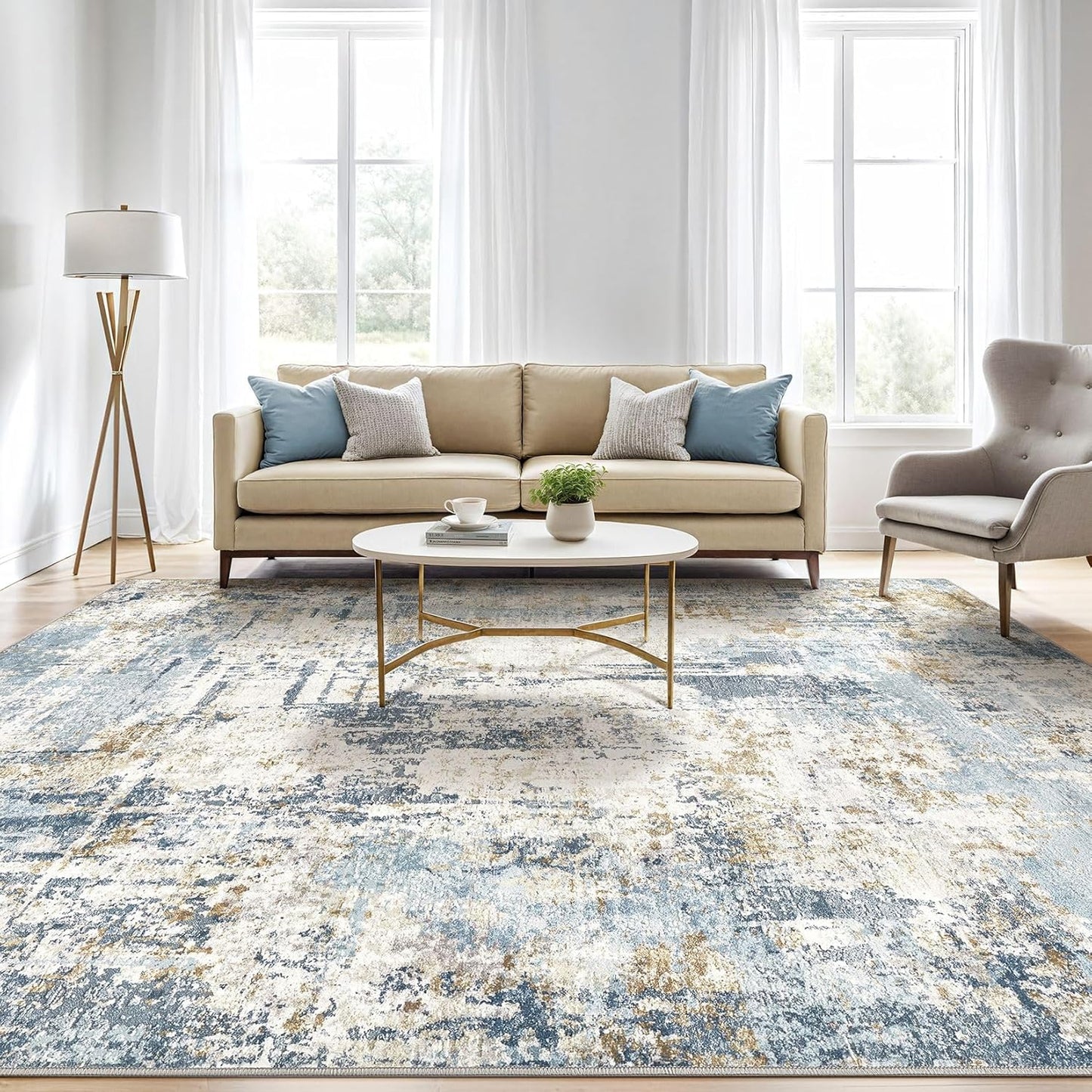 7x10 Area Rugs Washable Rug: Living Room Large Abstract Modern Soft Stain Resistant Indoor Floor Non Slip Accent Carpet for Bedroom Nursery Playroom Office Dining Room Dorm Home House- Blue