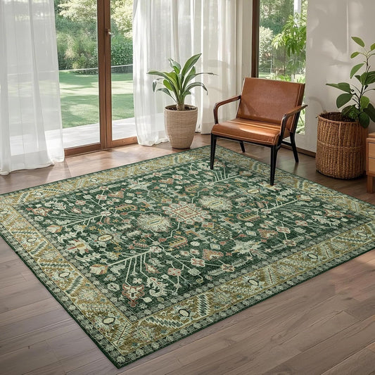 5x8 Area Rug Washable: Oriental Soft Area Rug for Living Room Bedroom No Shedding - Low Pile Thin Carpet Rug for Dining Room Non Slip - Boho Vintage Rug for Home Decor - Retro Forest Green