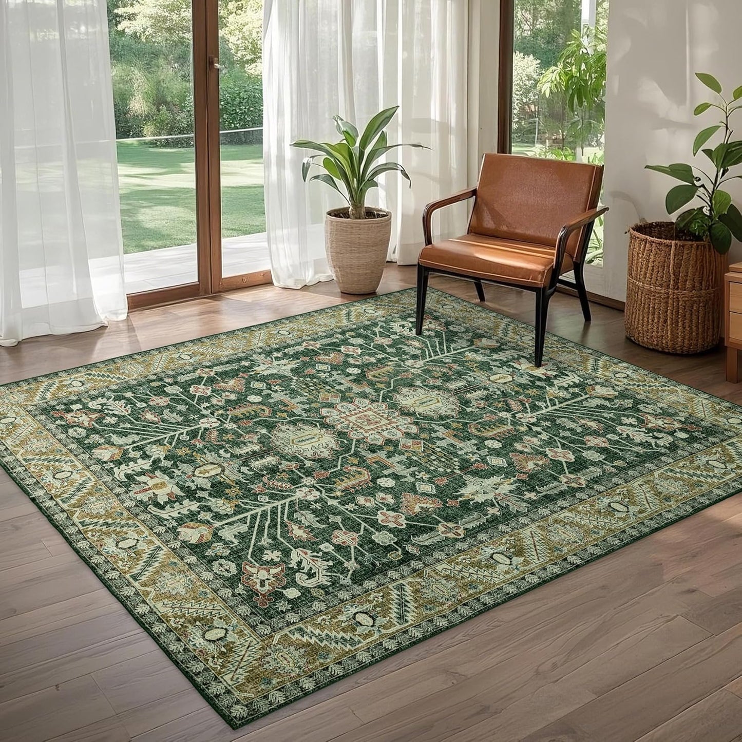 4x6 Area Rug Washable: Oriental Soft Area Rug for Living Room Bedroom No Shedding - Low Pile Thin Carpet Rug for Dining Room Non Slip - Boho Vintage Rug for Home Decor - Retro Forest Green