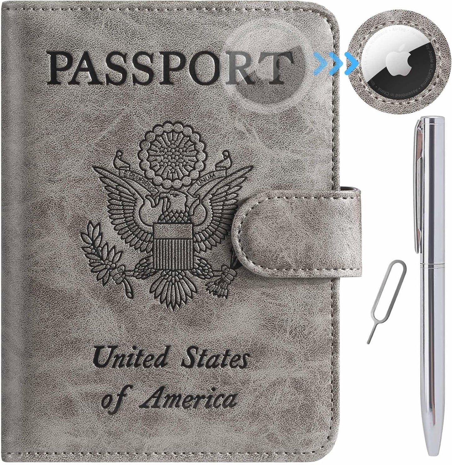 Airtag Passport Holder Cover Wallet RFID Blocking Leather Case Travel Essentials Luggage Accessories Travel Must Have(118#Grey)