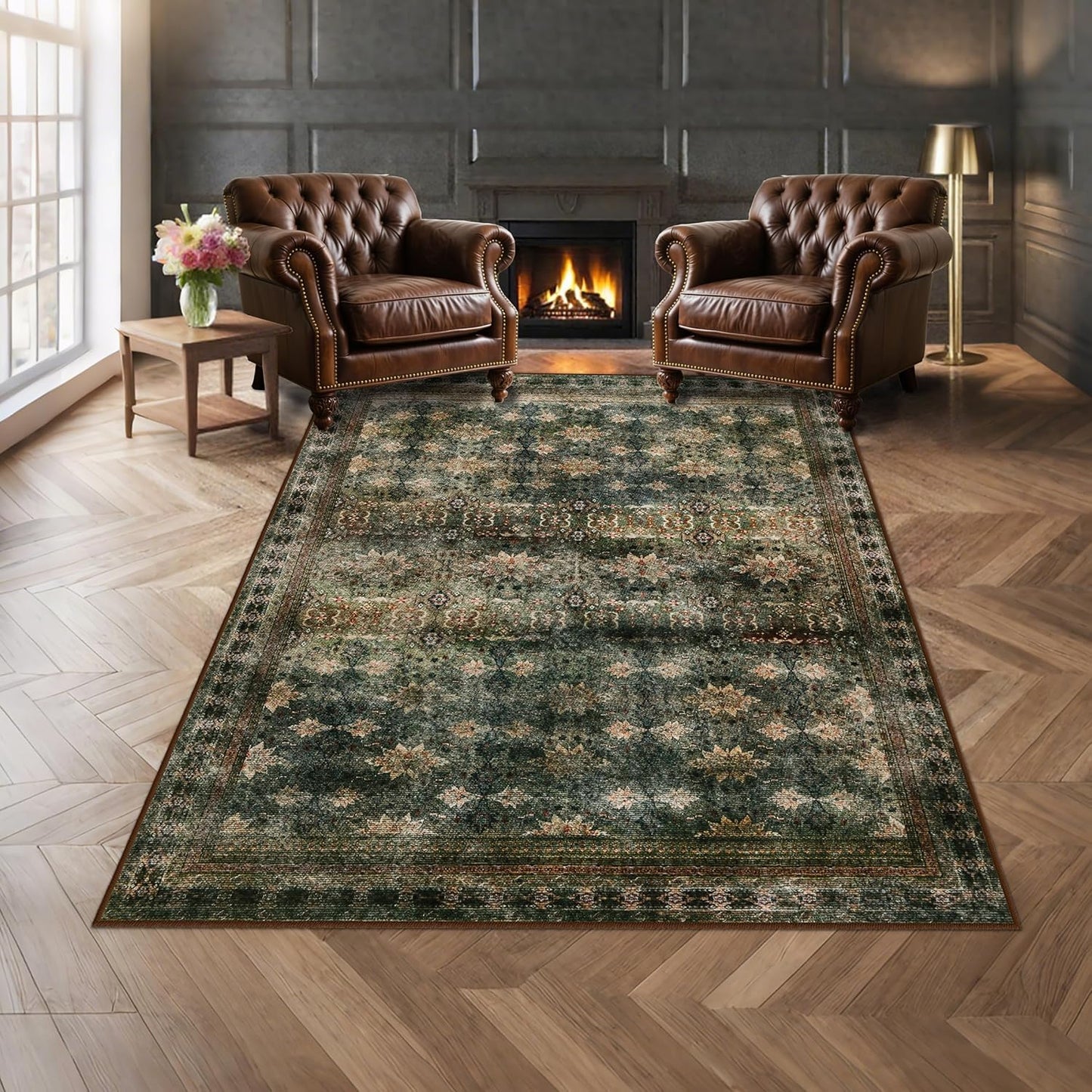 4x6 Area Rug for Bedroom Machine Washable, Non Slip Vintage Floral Kitchen Rugs for Dining Room, Rustic Indoor Floor Carpet for Kids Room, Playroom, Farmhouse(Dark Green/Brown/Multi)