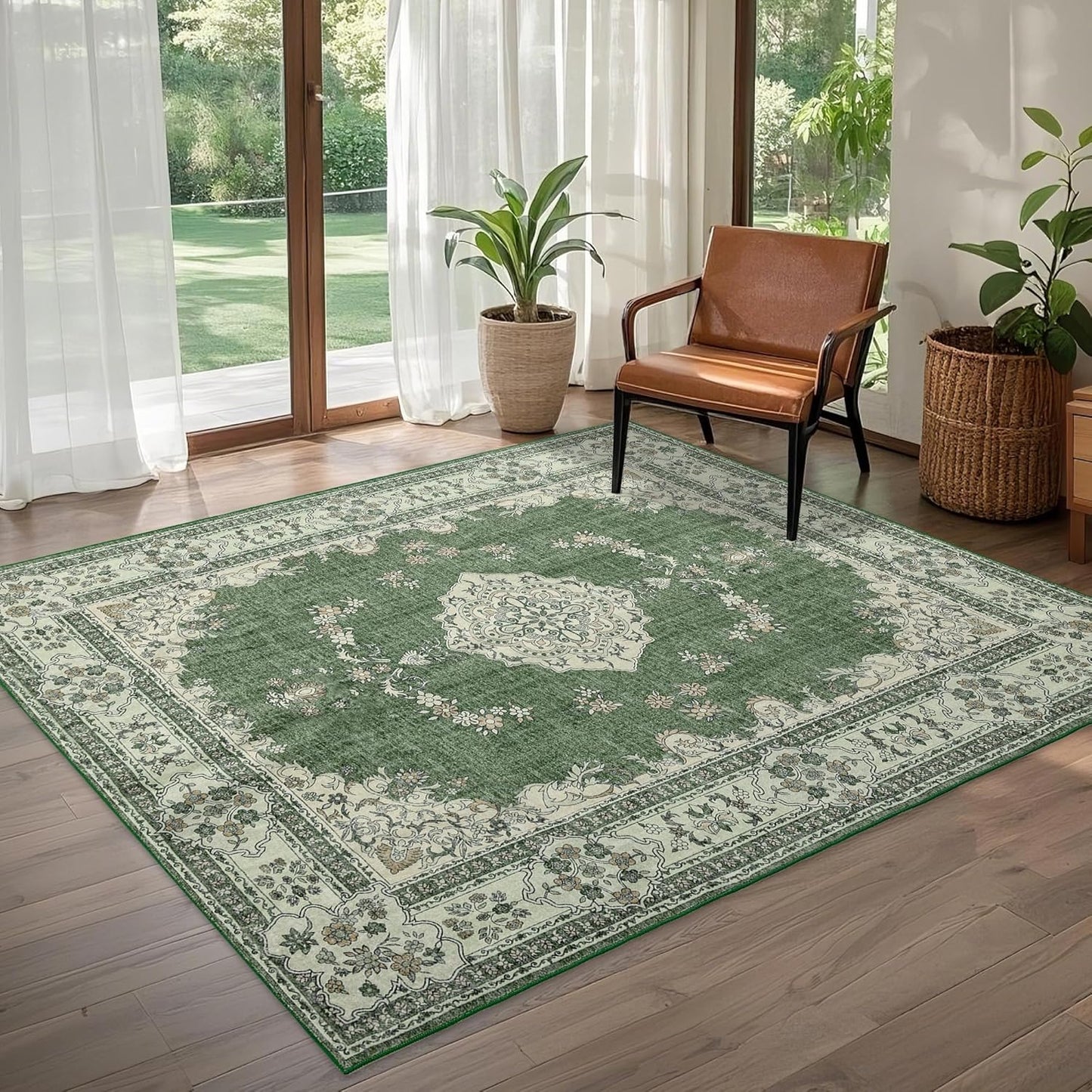 4x6 Area Rug Washable: Oriental Soft Area Rug for Living Room Bedroom No Shedding - Low Pile Thin Carpet Rug for Dining Room Non Slip - Boho Vintage Rug for Home Decor - Olive Green