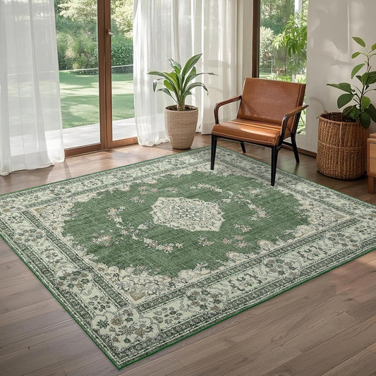 5x8 Area Rug Washable: Oriental Soft Area Rug for Living Room Bedroom No Shedding - Low Pile Thin Carpet Rug for Dining Room Non Slip - Boho Vintage Rug for Home Decor - Olive Green
