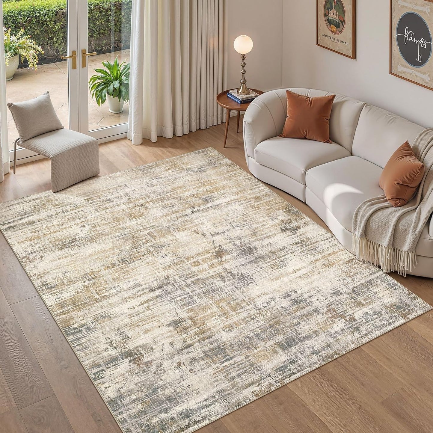 Area Rug for Living Room: 5x7 Thickened Washable Neutral Abstract Modern Soft Rugs Non Slip Indoor Floor Stain Resistant Carpet for Bedroom Dining Room Office Nursery - Golden Brown