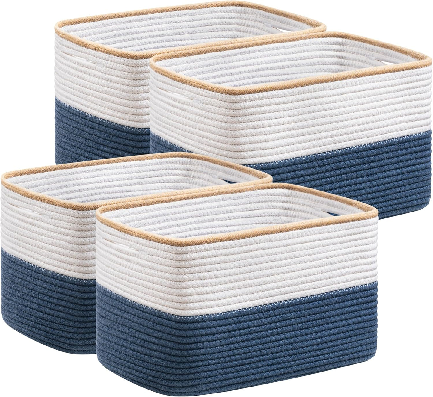 UBBCARE 4 Pack Baskets for Organizing, Woven Storage Baskets for Toys and Towel, Rectangle Cotton Rope Basket with Handles, 15''L x10''W x9''H, Navy Blue