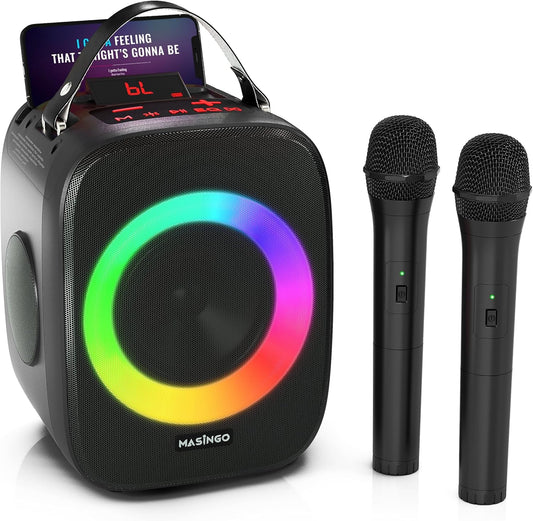 MASINGO Karaoke Machine for Kids and Adults with 2 Wireless Bluetooth Microphones, Portable 3D Sound Speaker with Colorful LED Lights, Supports TF Card/USB, AUX in, FM, TWS for Home Party, Cantando C2