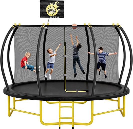 10FT 12FT 14FT 16FT Pumpkin Trampoline for Kids Adults, ASTM Approved Outdoor Recreational Trampoline with Basketball Hoop, Enclosure Net, Yellow