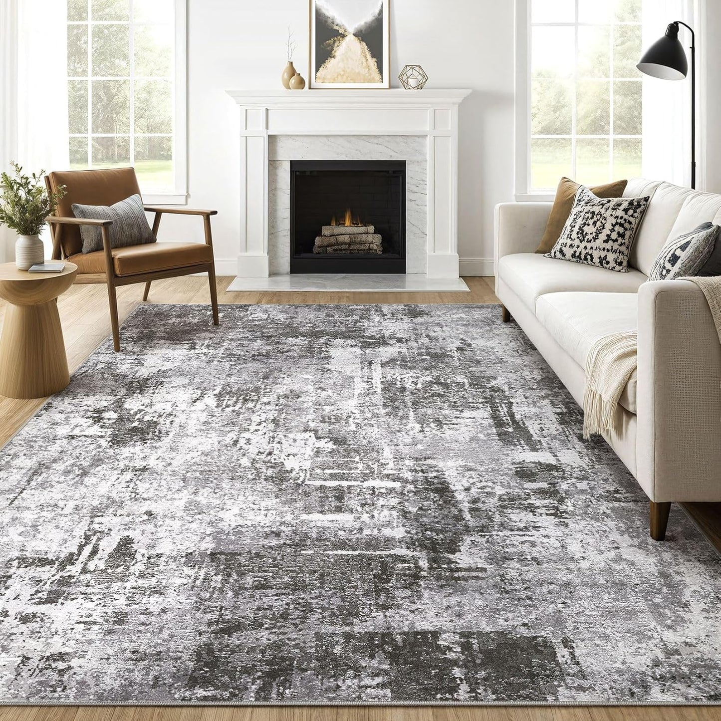 7x9 Area Rug Living Room: Machine Washable Large Abstract Modern Soft Rugs Stain Resistant Indoor Floor Non Slip Accent Carpet for Bedroom Nursery Playroom Office Dining Room Dorm Home- Black Grey
