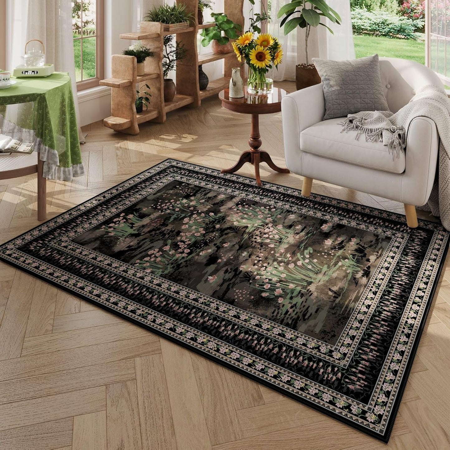 4x6 Rug for Bedroom Impressionist-Style Vintage Washable Rugs Non Slip Low Pile Small Carpet for Bedside Kids Room Office Dining Room, Black