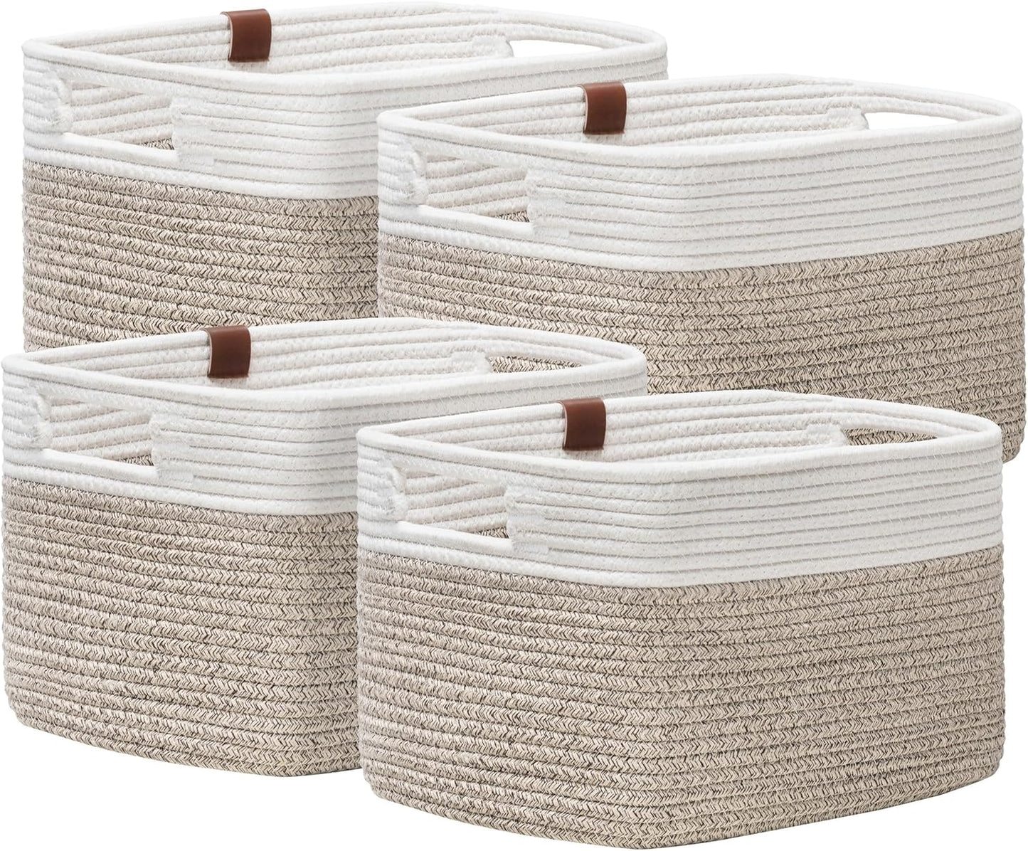 UBBCARE 4 Pack Baskets for Organizing, Woven Storage Baskets with Label for Toys and Towel, Rectangle Cotton Rope Basket with Handles, 15''L x10''W x9''H, White&Brown