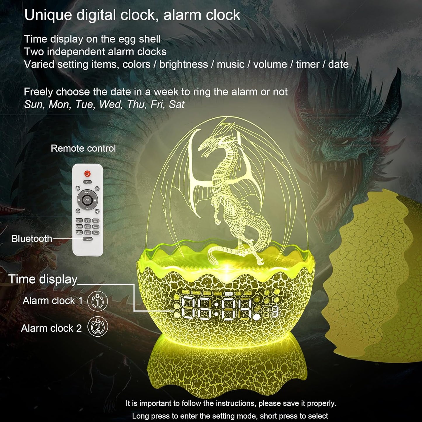 Unique Dragon Egg Digital Clock Ok to Wake Up Alarm Clock with Night Light / Lullaby White Noise / Bluetooth Speaker, Remote Control 16 Colors & Brightness & Volume, Cool Dragon Gift for Kids/Adult