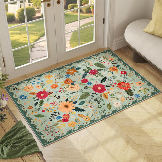 2x3 Washable Rug for Entryway, Floral Green Soft Small Area Rug, Non Slip Doormat Indoor Entrance Carpet, Flower Low Pile Front Door Throw Rug for Bedroom, Kitchen, Laundry, Bathroom, Sage Green