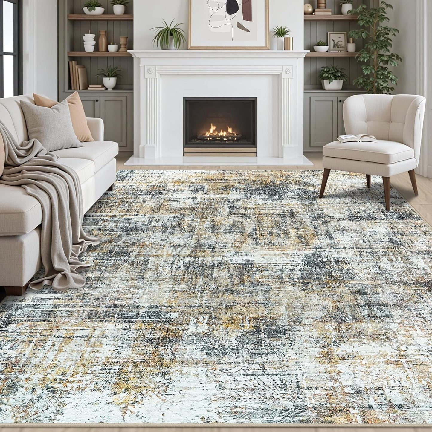 Area Rug 9x12 Washable Rugs: Abstract Large Living Room Rugs with Non-Slip Backing, Stain Resistant Indoor Floor Carpet for Bedroom Dining Room Table Nursery Hallway Home Office Brown/Gray