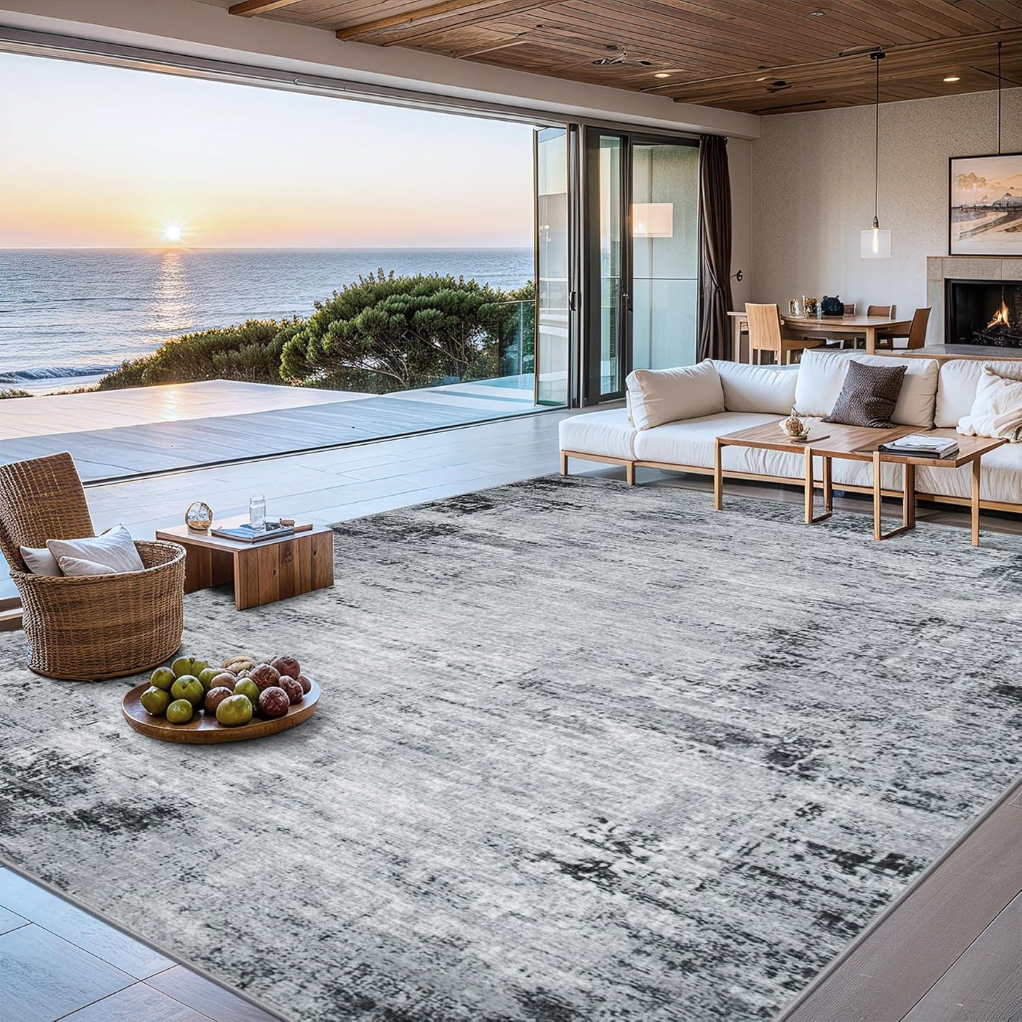 Area Rugs 10x12 Living Room - Washable Rug Modern Abstract Soft Large Neutral Non-Slip Carpet Indoor Floor Thin Carpets for Bedroom Dining Room Farmhouse Nursery Home Office Black