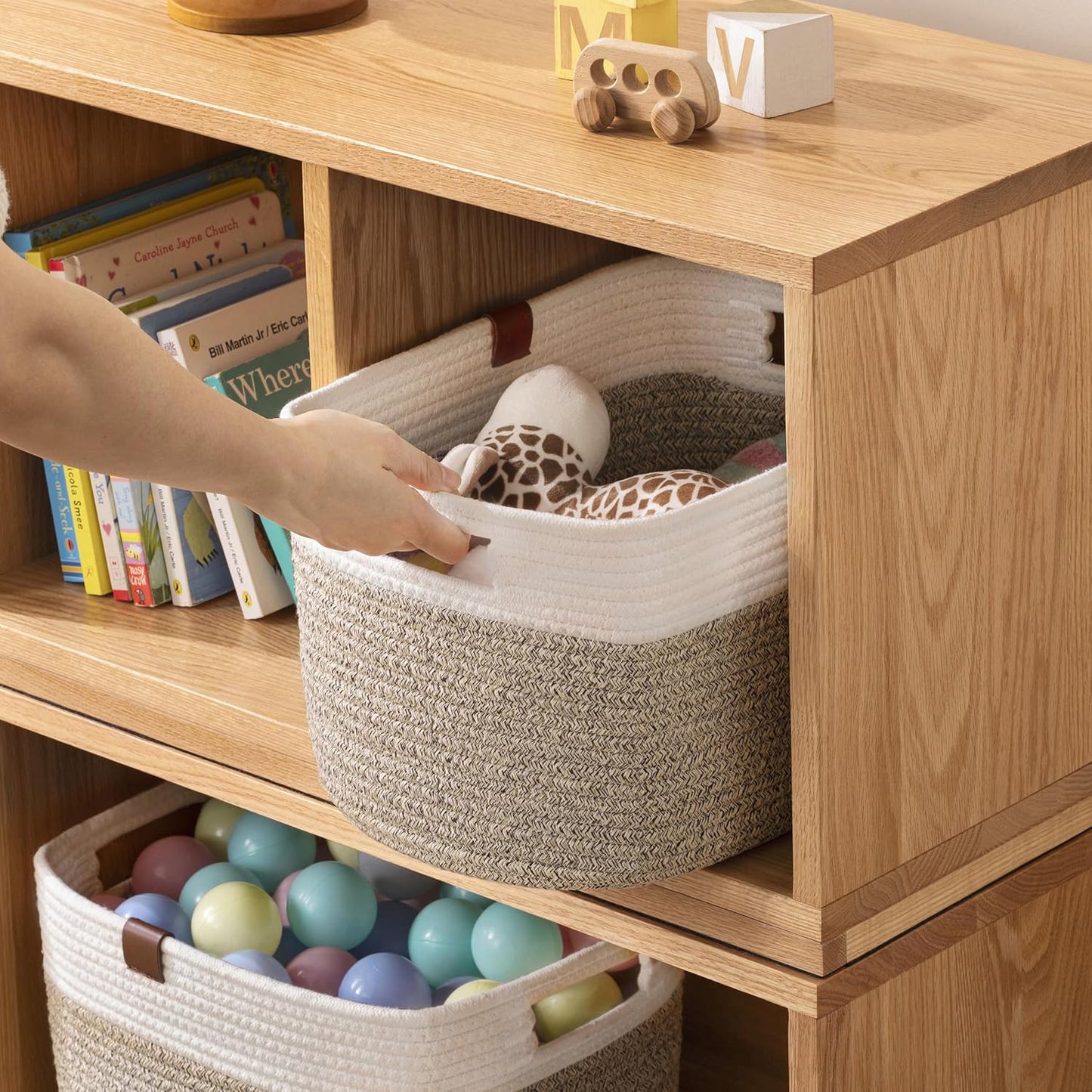 UBBCARE 2 Pack Baskets for Organizing, Woven Storage Baskets with Label for Toys and Towel, Rectangle Cotton Rope Basket with Handles, 15''L x10''W x9''H, White&Brown