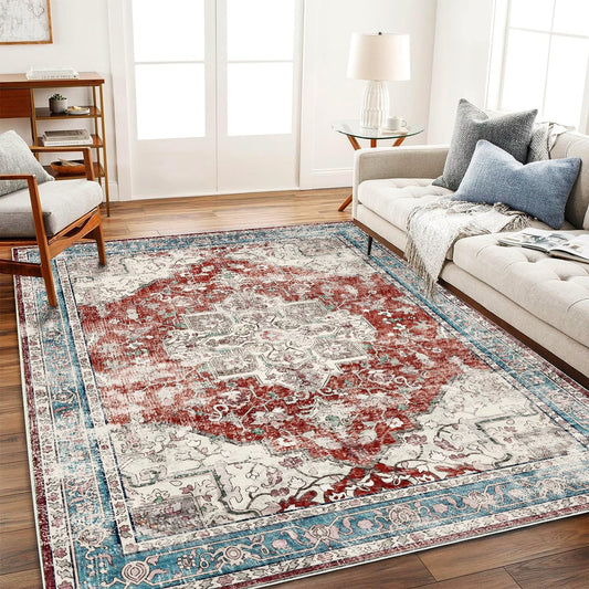 Area Washable Rug 5'x7' Red Blue Washable Vintage Traditional Floor Cover Thin Rug Retro Kitchen Indoor Distressed Non Slip Carpet Floral Print Mat Living Room Bedroom Dining Room