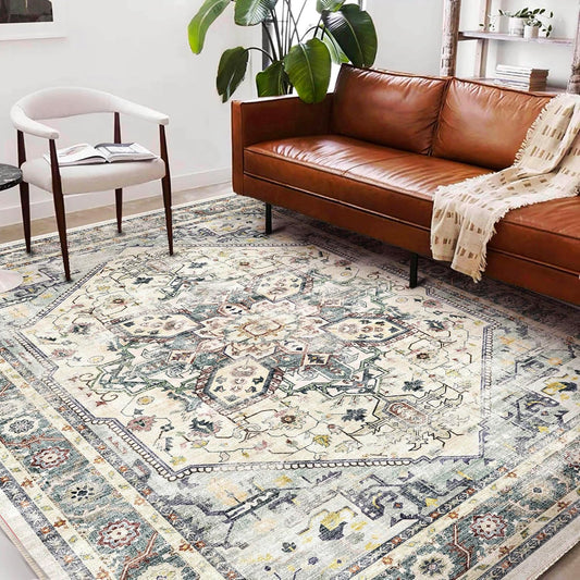 Area Rug 6'x9' Cyan Khaki Washable Vintage Traditional Floor Cover Thin Retro Kitchen Indoor Distressed Non Slip Carpet for Living Room Bedroom Dining Room