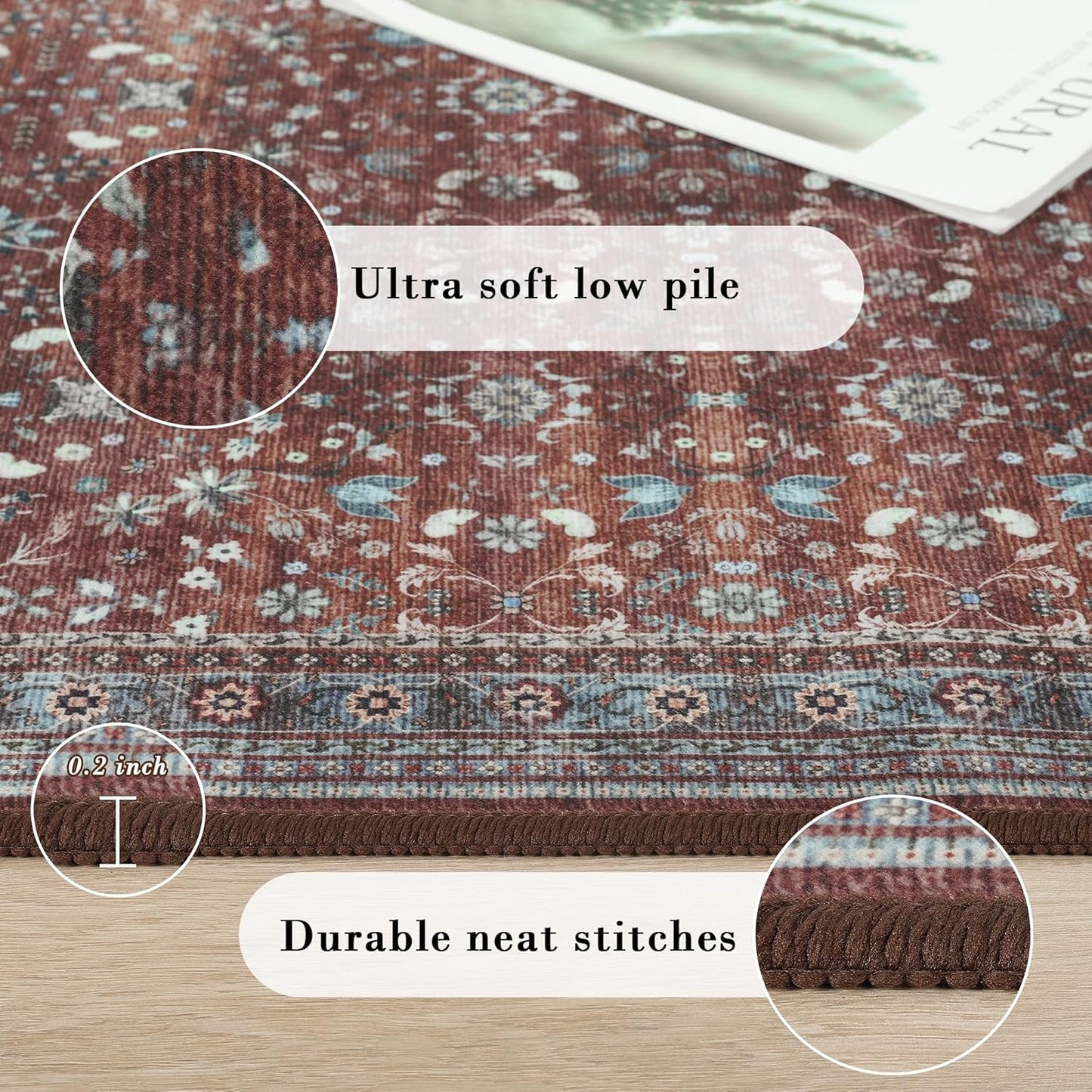 2x6 Washable Kitchen Runner Rug for Hallways, Non Slip Laundry Runners for Bathroom, Low Pile Rubber Backed Rugs for Entryway, Vintage Floral Carpet for Living Room Bedroom Brick Red