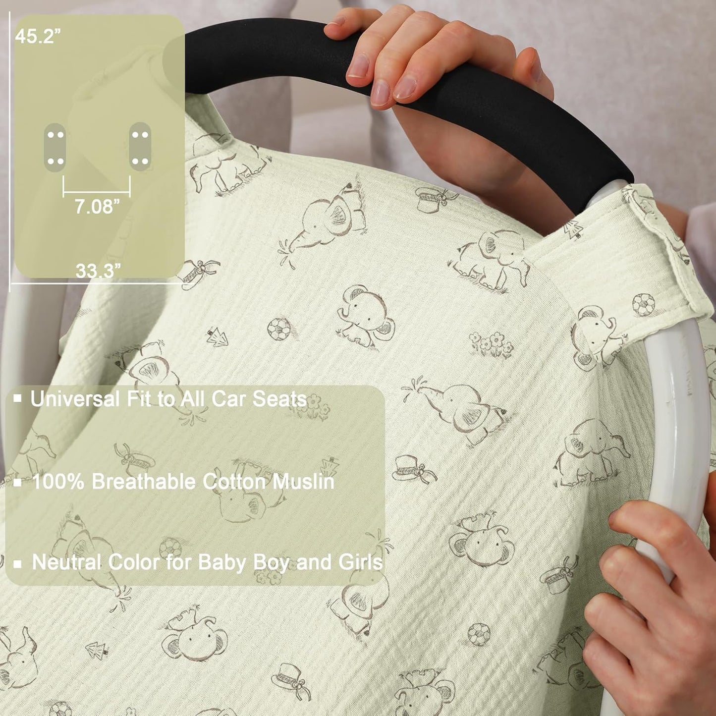 100% Muslin Cotton Car Seat Cover Baby, Carseat Canopy Cover, Universal Fit Stroller Covers for Boys and Girls (Cute Elephant)