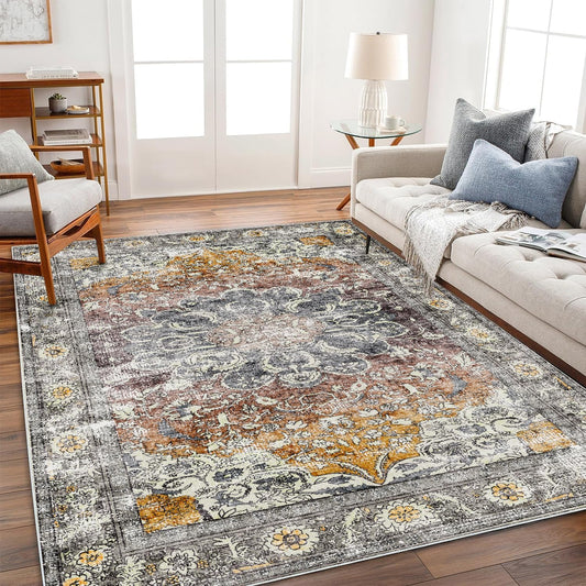 Area Rug 4x6 Washable Rug Taupe Vintage Traditional Floor Cover Foldable Thin Retro Accent Indoor Distressed Non Slip Carpet Floral Print Mat Bedroom Living Room Bathroom