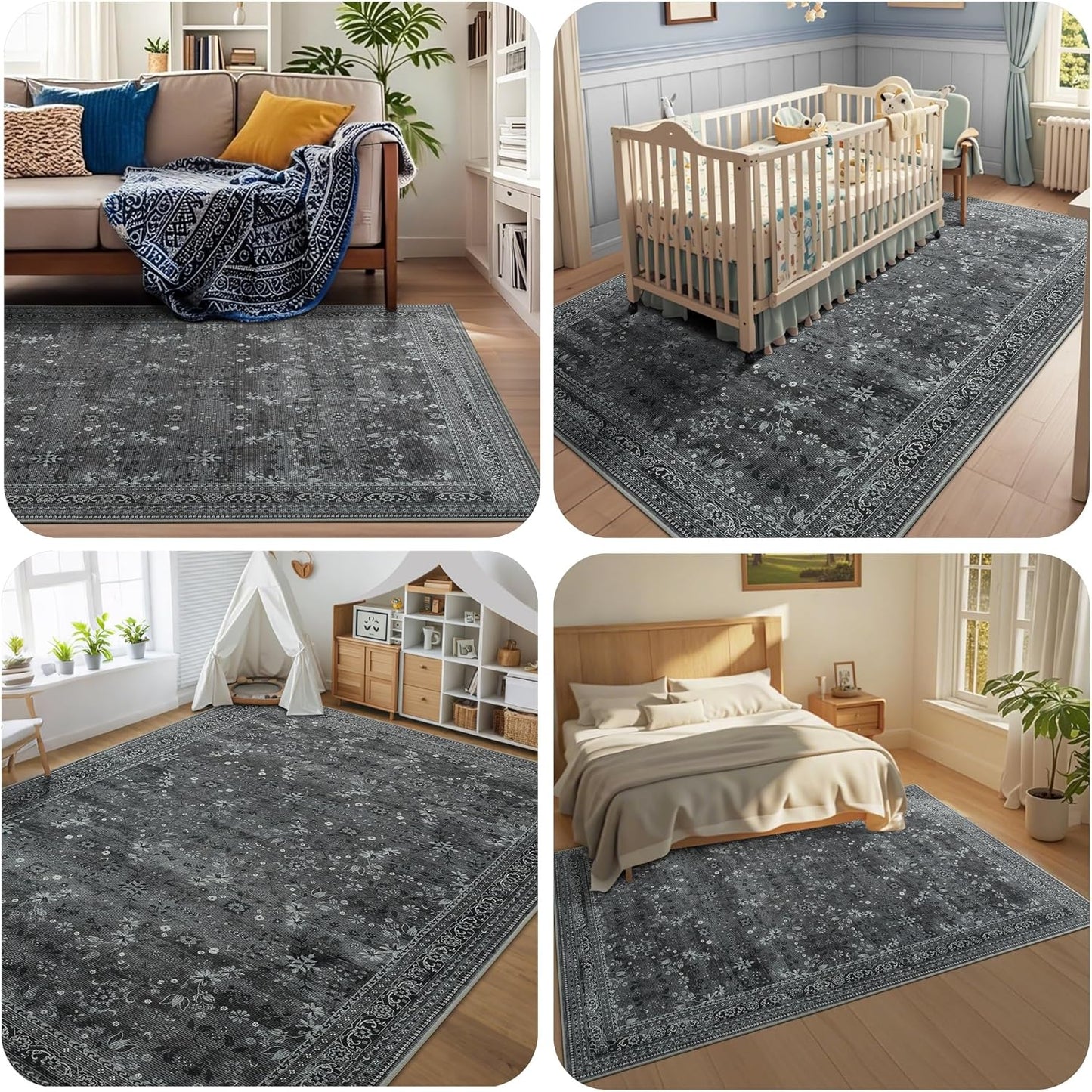 5x7 Machine Washable Area Rug for Living Room Bedroom, Vintage Kitchen Rugs Non Slip, Traditional Indoor Floor Floral Print Carpet for Dining Room, Farmhouse, Office Classroom Black/Gray