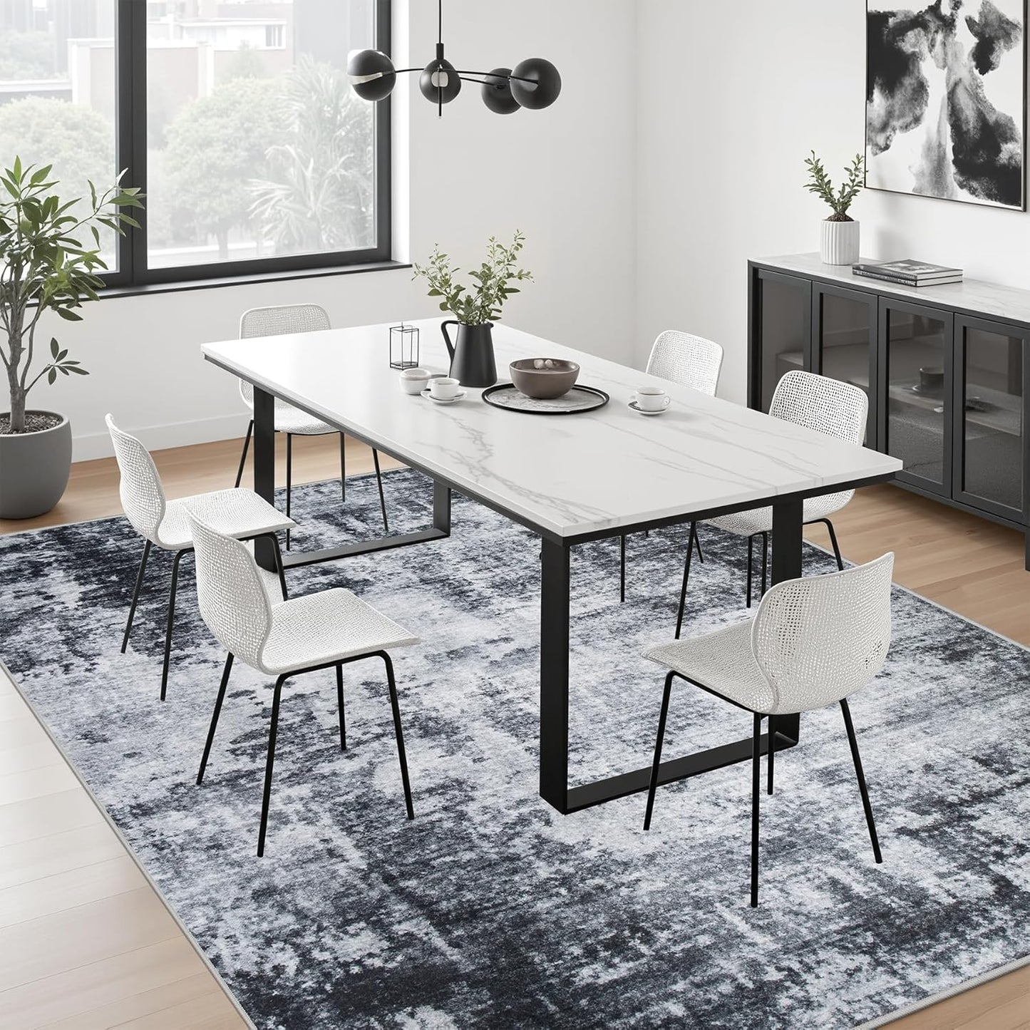 5x7 Area Rug Living Room Rug: Washable Modern Abstract Soft Thin Rug Indoor Floor No Slip Stain Resistant Carpet for Bedroom Dining Room Farmhouse Nursery Home Office - Dark Black