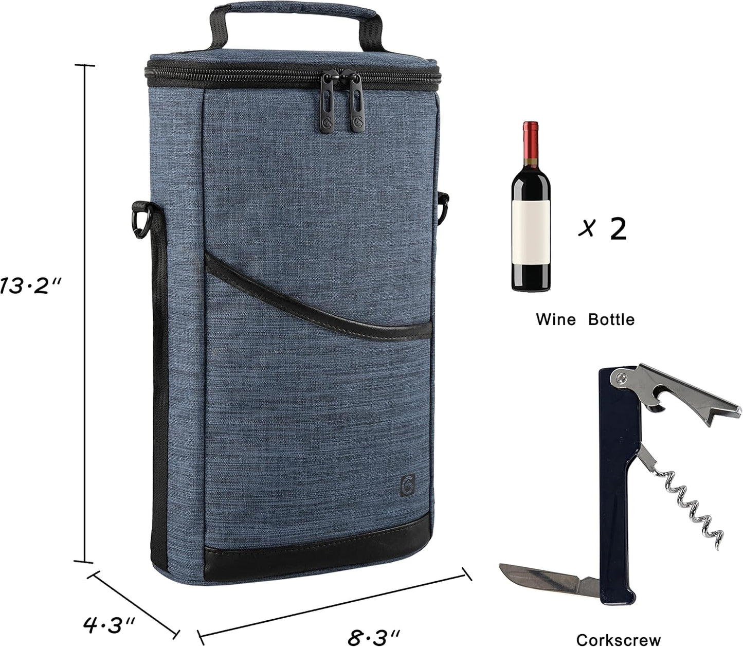 ALLCAMP 2 Bottle Wine Tote Carrier - Insulated Portable Padded Canvas Wine Bag for Travel, BYOB Restaurant, Wine Tasting, Party, Great Christmas Day Gift for Wine Lover，Blue