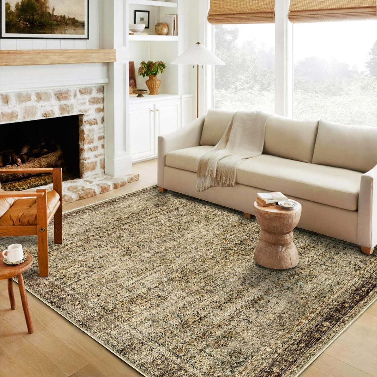 Area Rug 4x6 Washable Rug Brown Vintage Traditional Floor Cover Foldable Thin Retro Kitchen Accent Indoor Distressed Non Slip Carpet Floral Print Mat Bedroom Living Room