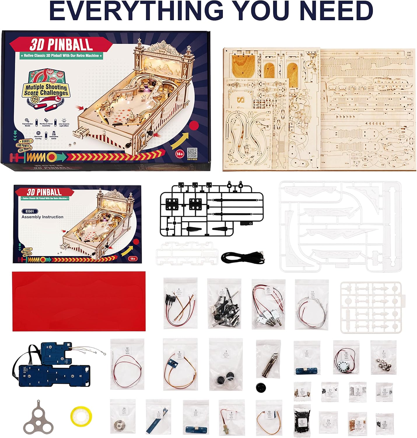 Rowood Wooden Puzzles 3D Pinball Machine Mechanical Model Wooden 3D Puzzles for Adults DIY Pinball Game Wooden Puzzle-Model Building Kits Christmas Birthday Gifts for Adult and 14+ Teens