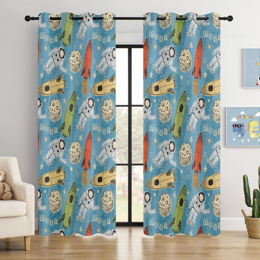 Kids Astronaut and Rocket Blackout Curtains - 100% Blackout, Thermal Insulated, Noise Reducing, Bring The Cosmos Closer to Your Kid’s Room, 2 Panels (Moonbound Adventure, W52×L84)
