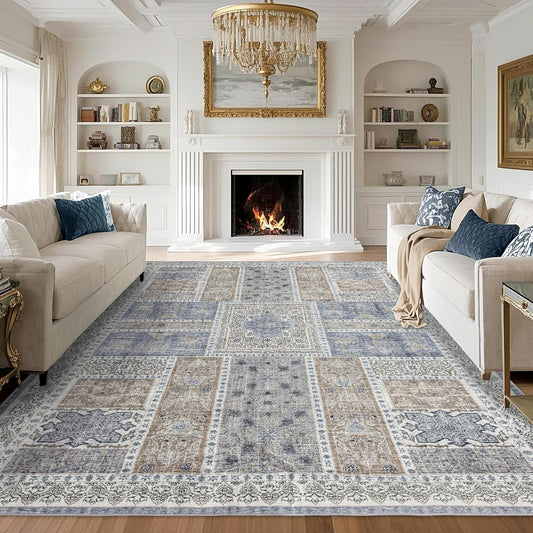 8x10 Area Rugs Washable: Oriental Soft Area Rug for Living Room Bedroom No Shedding - Low Pile Thin Carpet Rug for Dining Room Non Slip - Boho Vintage Rug for Home Decor - Blue Grey