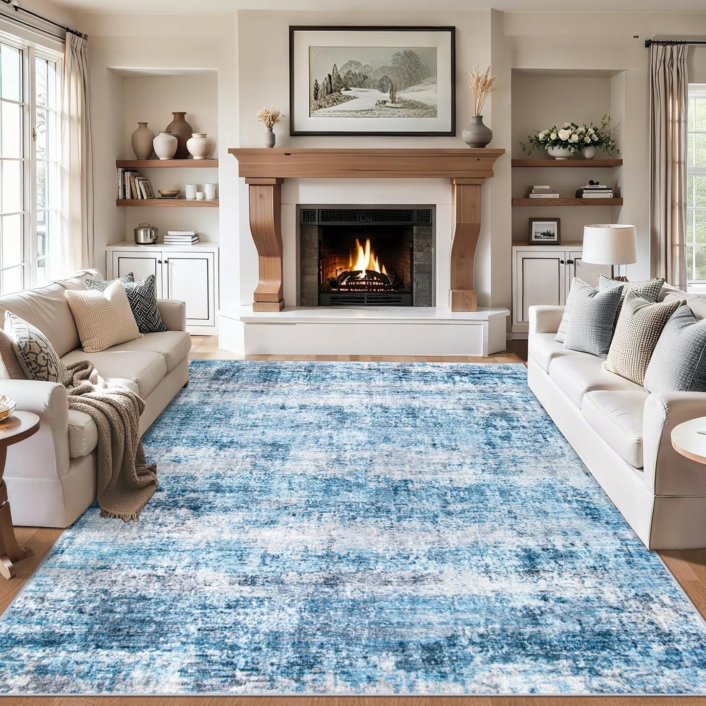 Area Rugs 9x12 Living Room - Washable Rug Modern Abstract Soft Large Neutral Non-Slip Carpet Indoor Floor Thin Carpets for Bedroom Dining Room Farmhouse Nursery Home Office Blue Grey