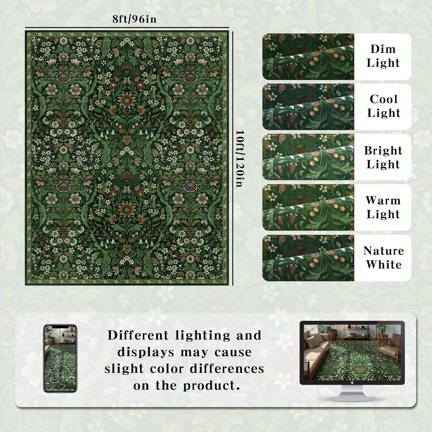 8x10 Washable Area Rug for Living Room, Large Vintage Dark Green Floral Rugs, Soft Non-Slip Stain Resistant Boho Lightweight Carpet for Bedroom Dining Room Nursery Home Office